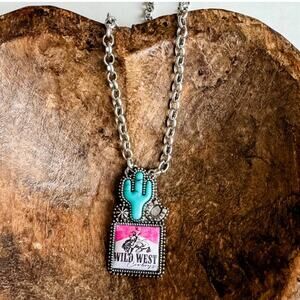 Western Turquoise Cactus with Rodeo Logo Necklace